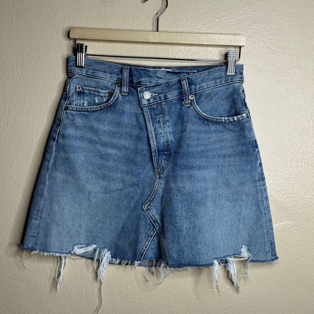Agolde Skirt Women's 25 Blue Denim Criss Cross Jean High Rise Frayed Hem